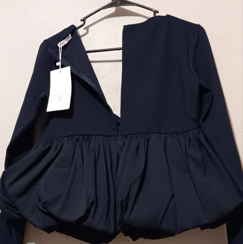 Zara Women Black Top Long Sleeve‎ SzL Navy Black Back Zip - Picture 6 of 16